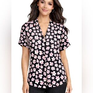 CAbi Harmony black pink white floral cap sleeve v-neck blouse Size M